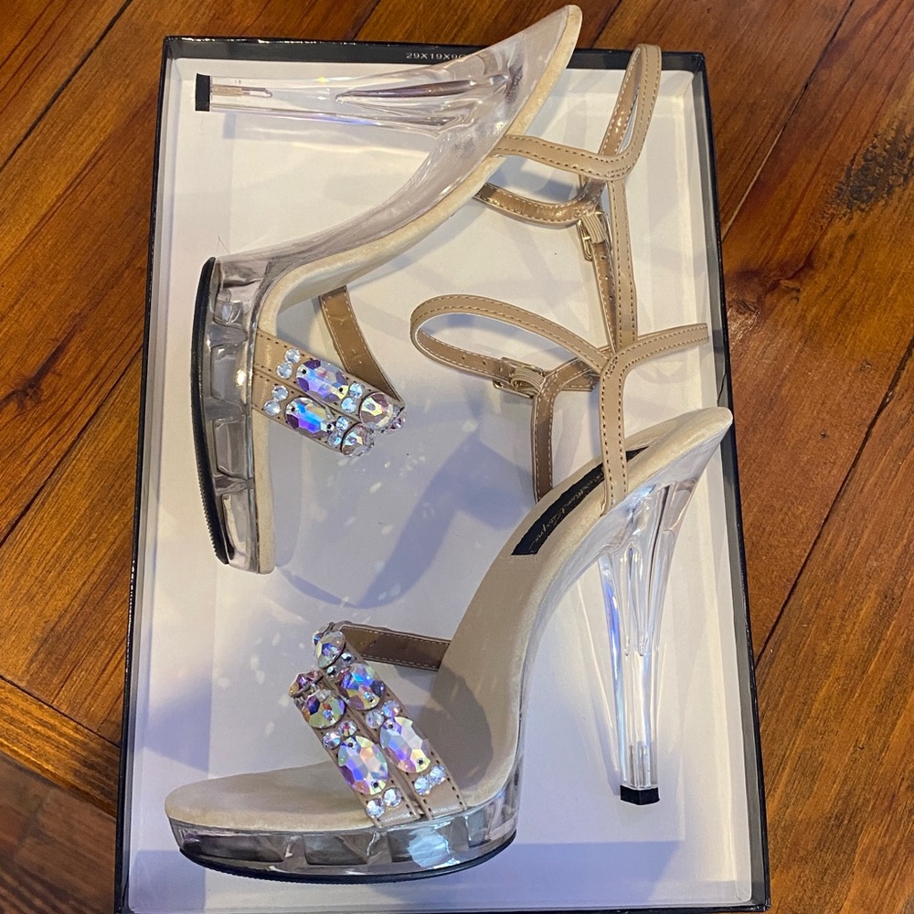 Elegant Crystal Beige Strappy 4” High Heels - Picture 5 of 9